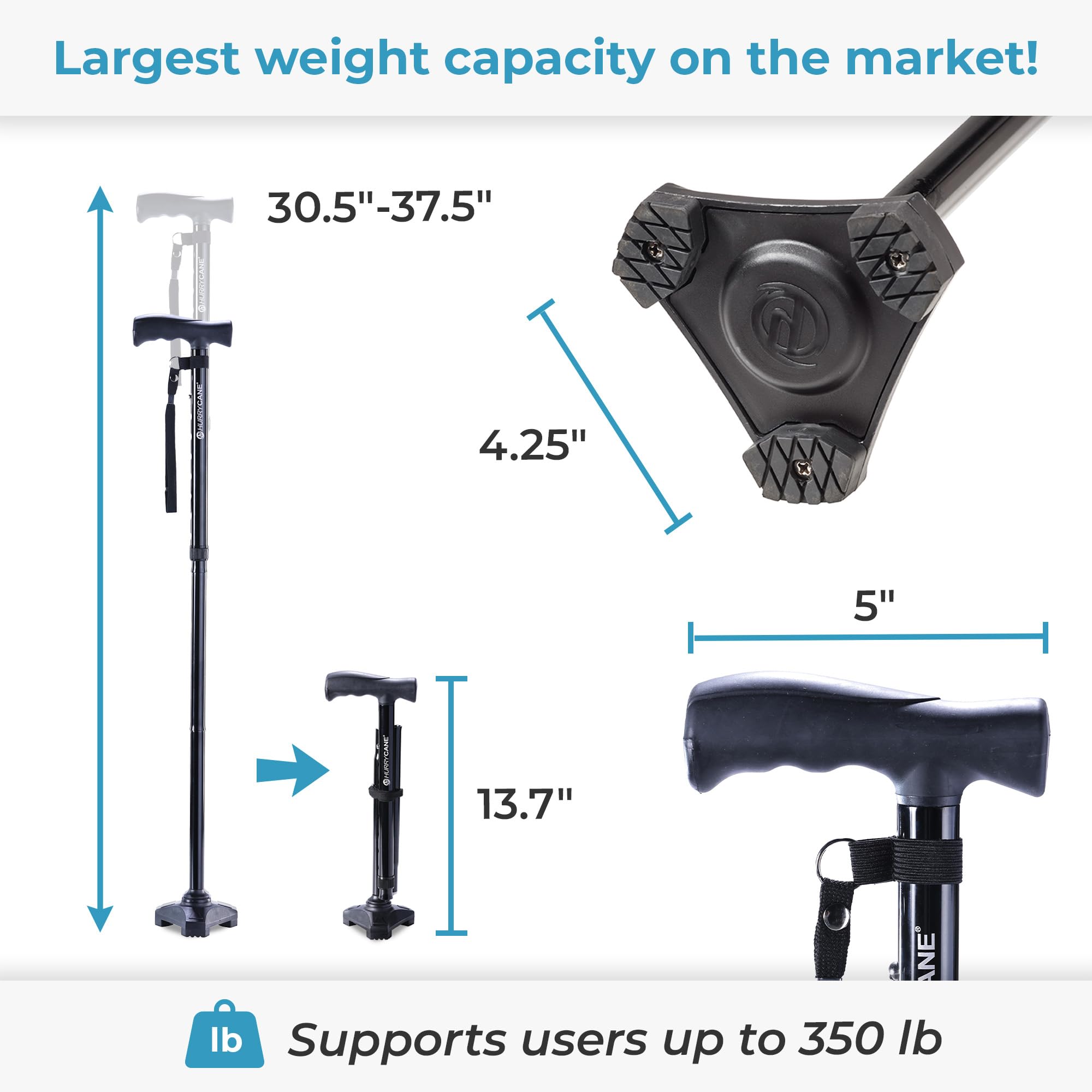 HurryCane Freedom Edition Foldable Walking Cane with T Handle