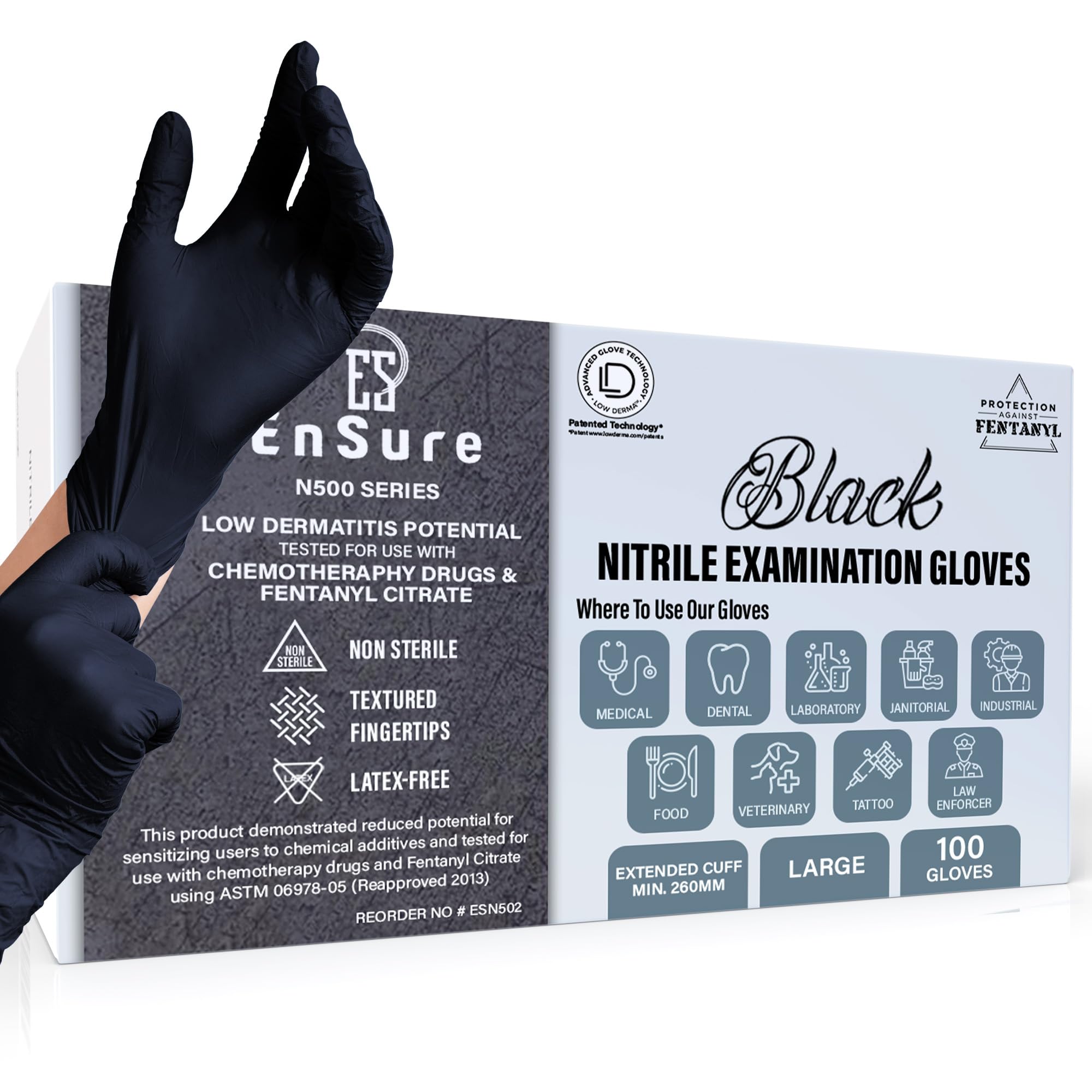 Photo 1 of Saf-Care EnSure Nitrile Exam Gloves, Powder-Free, Latex-Free, Chemo Rated, Non-Sterile, Textured Fingertips, Heavy Duty, Medical, Surgical, Food Safe, Tattoo, Cleaning - Black, 5 Mil (100, Large)