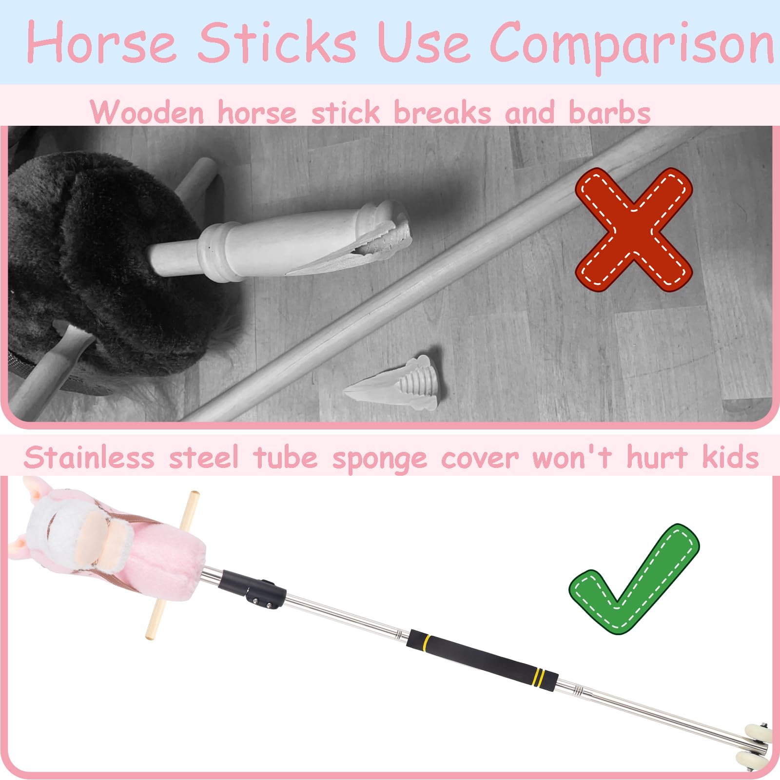 Hobby Horse on a Stick,30 to 50In Stick Horse for Kids 3-12 Years Plush Handcrafted Party Cowgirl Music Pink Pony Horse Toy with Illuminated Wheel Stainless Steels Soft Sponge Handle (Pink)