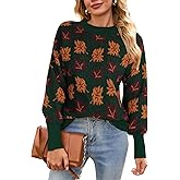 Drvitor Womens Striped Sweater Long Sleeve Crew Neck Maple Leaf Knitted Casual Pullover Sweater
