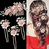 BOYIVI 4 Pieces Bridal Floral Hair Comb and Pins, Pink Alloy with Rhinestones, Plump Smooth Pearl and Fake Petal Wedding Hair Accessories for Brides, Bridesmaids, Women, Girls