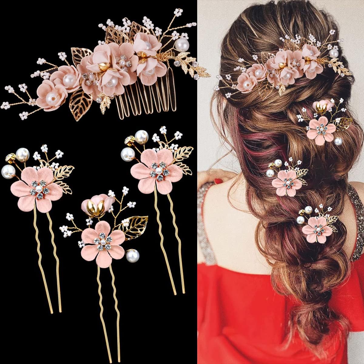 Photo 1 of BOYIVI 4 Pieces Bridal Floral Hair Comb and Pins, Pink Alloy with Rhinestones, Plump Smooth Pearl and Fake Petal Wedding Hair Accessories for Brides, Bridesmaids, Women, Girls