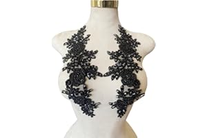 JPUMLEY.PKSN Jpumley. Pksn Handmade Rhinestones on Lace Applique Trim Sewing Beads Sequins Trim Patches for Wedding Dress Accessories 1Pair/Bag 6X14inches (Black)