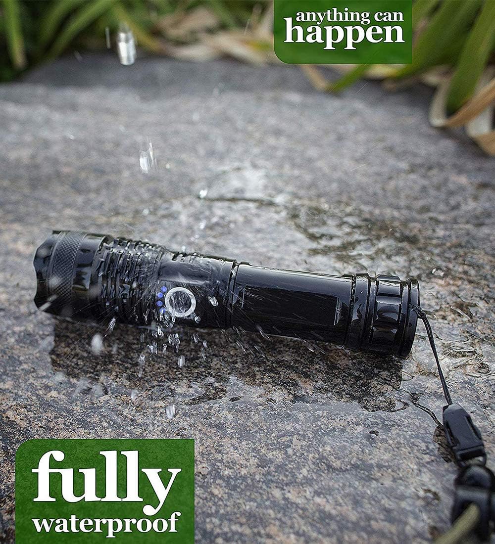 Helius LED tactical flashlight 3000 lumens, 5 Modes, rechargeable, Zoomable, Power Display, Waterproof, flashlights for emergencies, Handheld Light - Apply to Camping/Hiking/military/running etc - - 