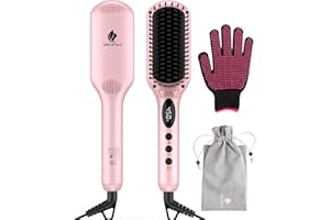 Enhanced Hair Straightener Heat Brush by MiroPure, 2-in-1 Ceramic Ionic Straightening Brush, Hot Comb with Anti-Scald Feature, Auto Temperature Lock & Auto-Off Function (Pink) 4 Piece Set