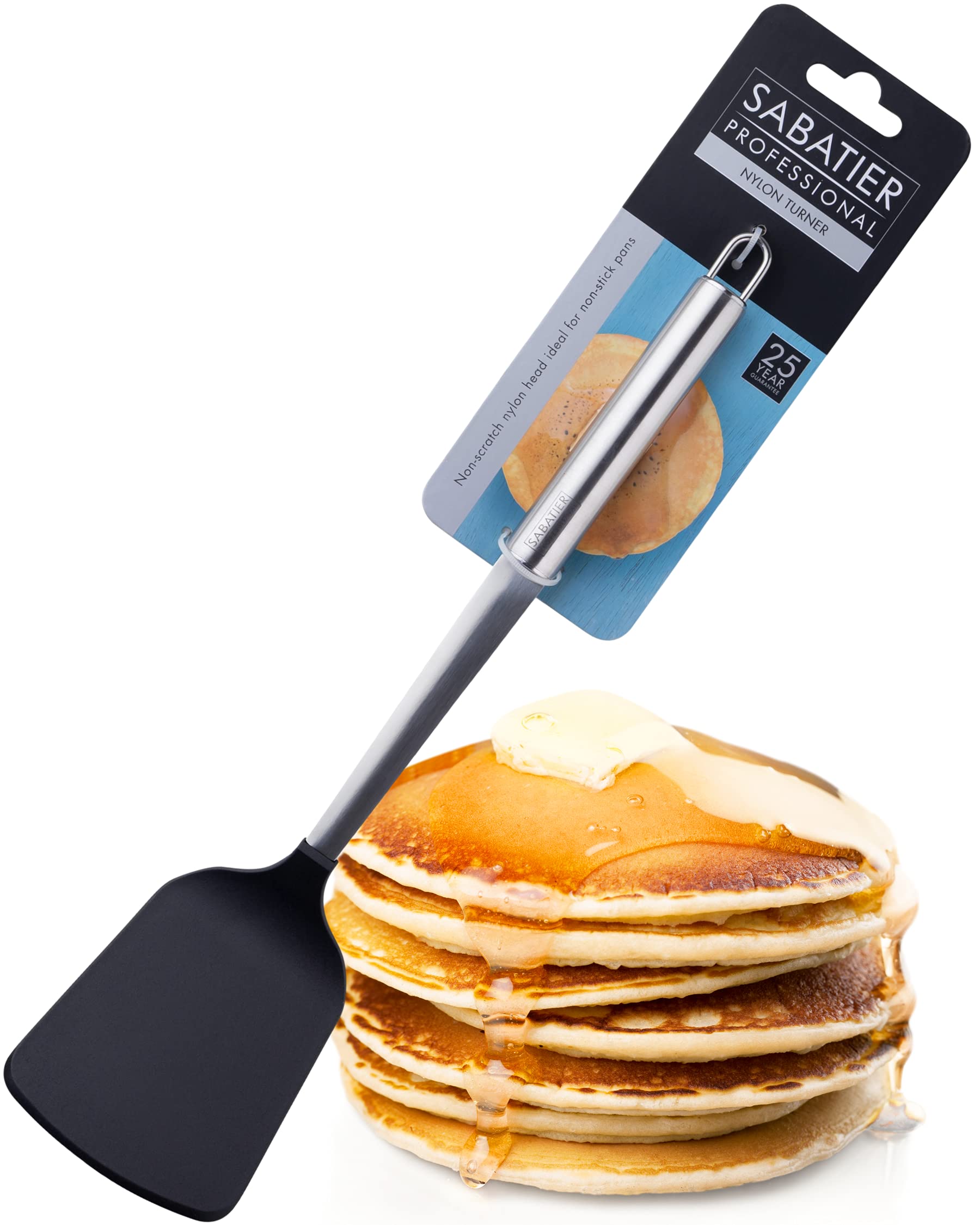 Sabatier Professional Nylon Turner/Spatula - by Taylors Eye Witness. Non-Scratch Head for Non-Stick Pans. Stainless Steel Construction & Handle. Burger Flipper/Fried Egg Turner. 25 Year Guarantee.