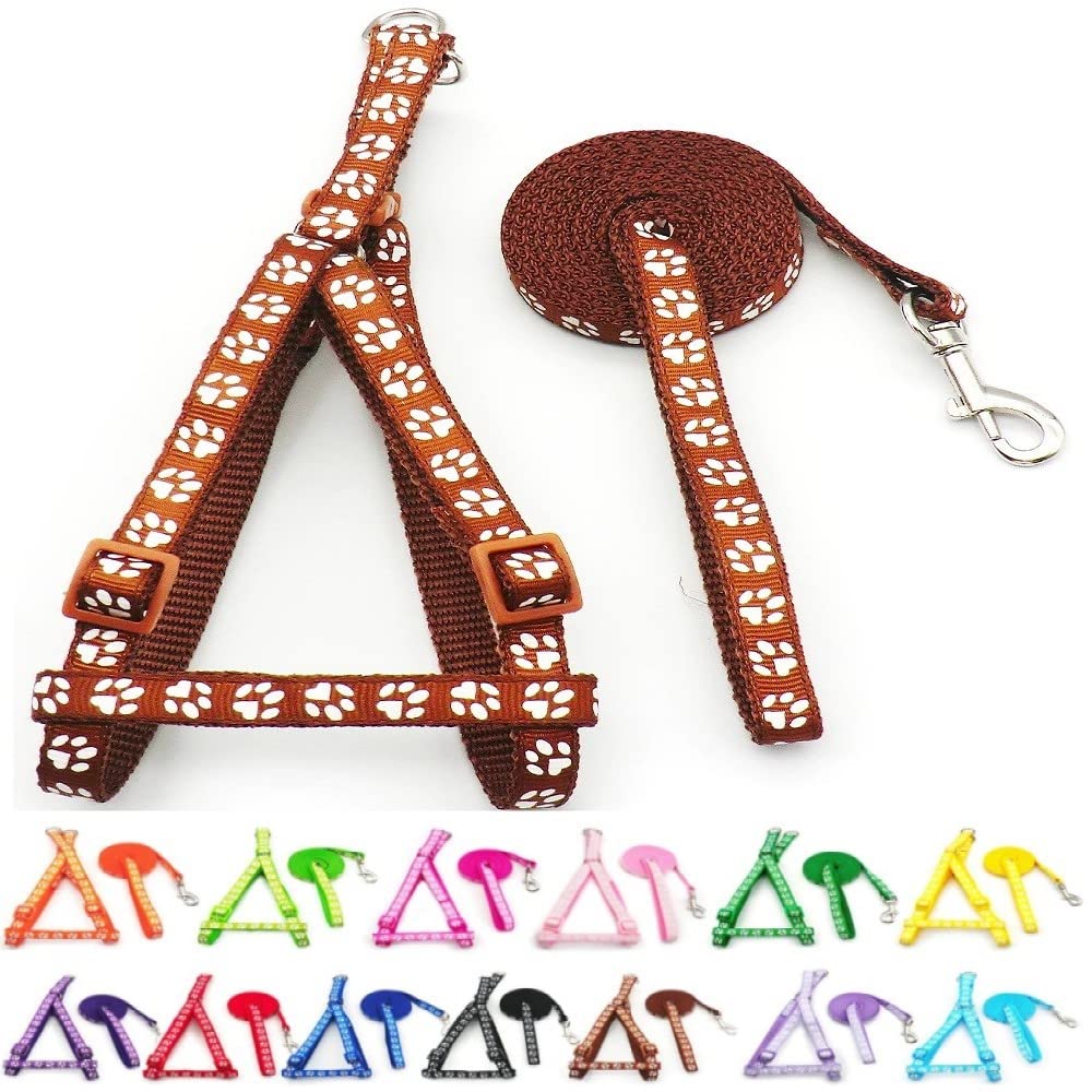 Small Dog Puppy Pet Cat Kitten Harness and Lead Set Pawprint Design Nylon Adjustable Chest Size 21-34cm and 120cm Leash Brown
