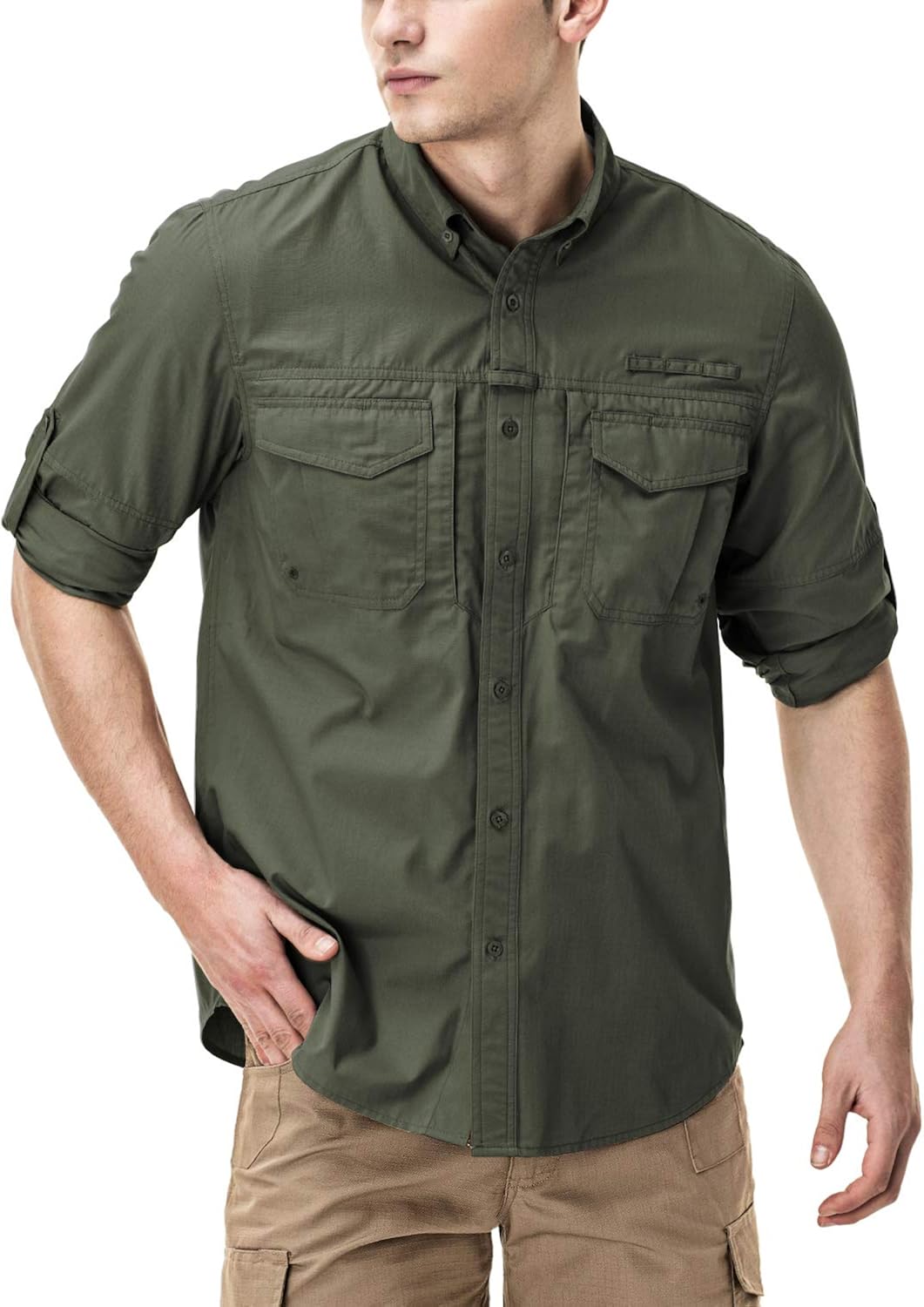 CQR Men's Long Sleeve Work Shirts, Ripstop Military Tactical Shirts, Outdoor UPF 50+ Breathable Button Down Hiking Shirt at  Men’s Clothing store