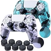 YoRHa Grip Texture Silicone Skin for PS5 Controller x 2(Print Purple+Green) with Pro Thumb Grips x 8