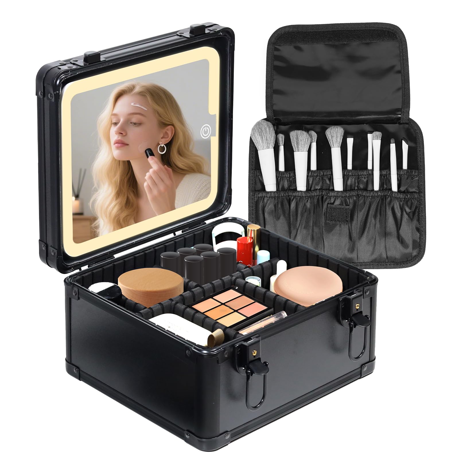 Photo 1 of Yenovia Travel Makeup Case with Lighted LED Mirror – Waterproof Cosmetic Organizer with Adjustable Dividers, Portable Makeup Train Case for Women, Black
