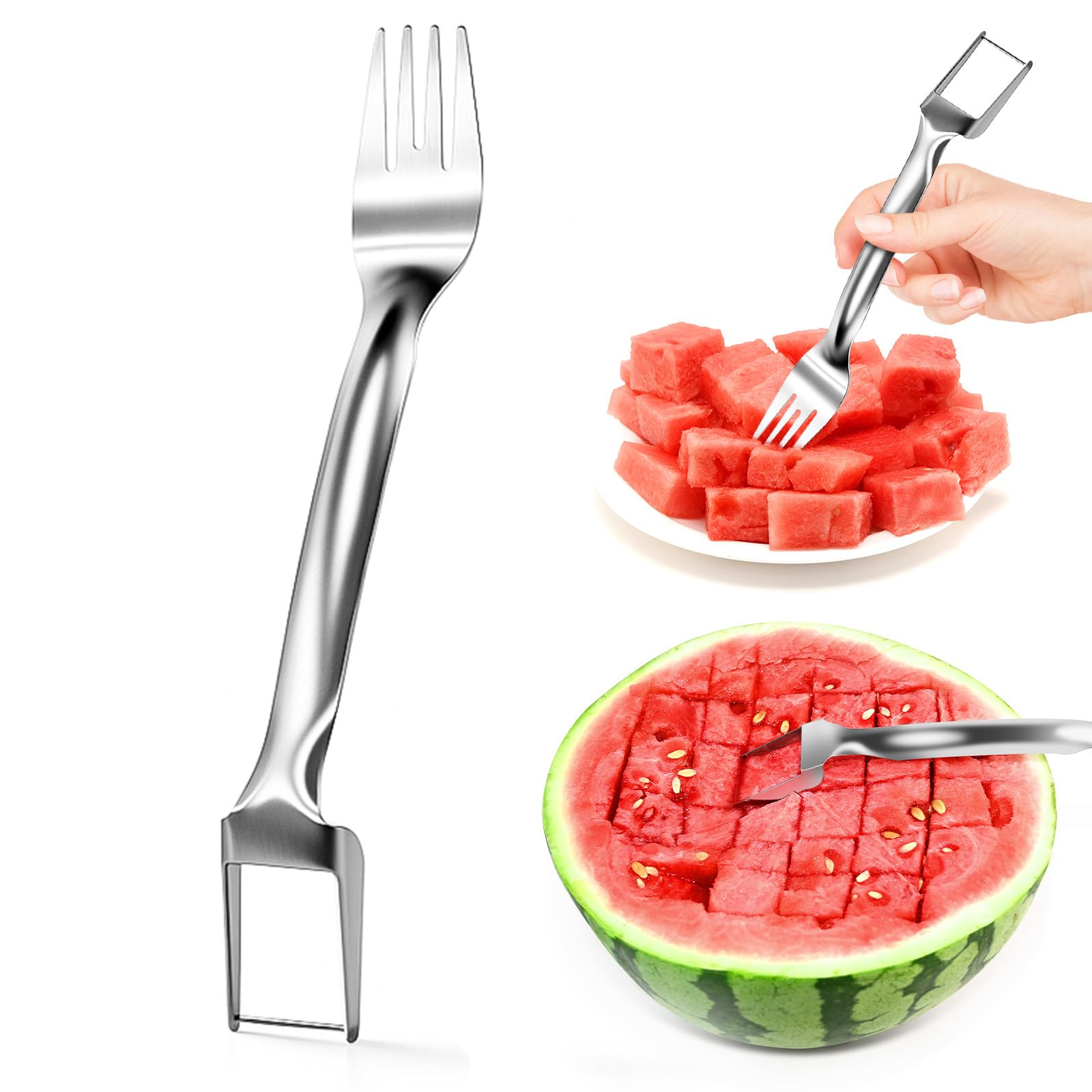 Photo 1 of 1 Pcs Stainless Steel Watermelon Slicer and Fork - 2-in-1 Portable Kitchen Tool for Home Camping and Parties