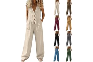 Cotton Linen Jumpsuit For Women Sleeveless Wide Leg Pants Rompers V Neck Botton Casual One Piece Boho Overalls Pocket