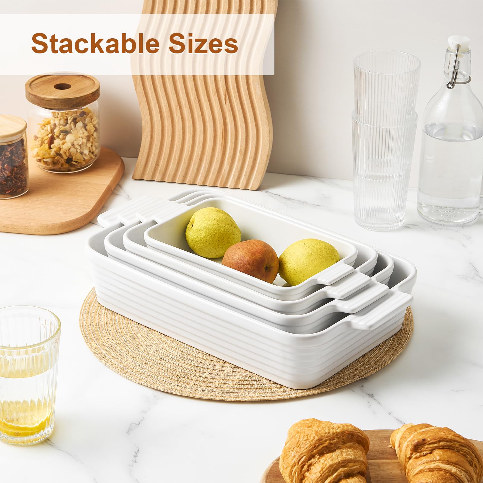 Jassceram Casserole Dishes for Oven, 4-Piece Porcelain Baking Dish, Rectangular Ceramic Bakeware Sets with Handles, Deep Lasagna Pan for Baking, 9.6