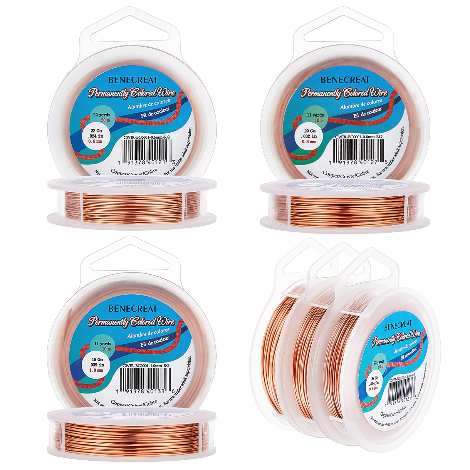BENECREAT 3PCS Mixed Size Tarnish Resistant Copper Wire (0.6mmx20m & 0.8mmx10m & 1.0mmx10m), 3 Size/Set