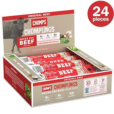 CHOMPS MINI Grass Fed Beef Jerky Meat Snack Sticks | Keto Certified, Whole30 Approved, Paleo, Low Carb, High Protein, Gluten Free, Sugar Free, Non-GMO | 43 Calorie 0.5 Oz Sticks, Original Beef 24 Pack