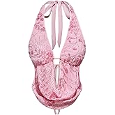 MakeMeChic Women's Y2K Summer Party Glitter Sequin Floral Halter Top Draped Tie Back Crop Tops