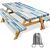 SiorVeol Picnic Table Cover with Bench Covers 72in Camping Essentials Reusable Waterproof Windproof Camping Tablecloth Fitted Rectangle Tables and Seats, Blue White Wood