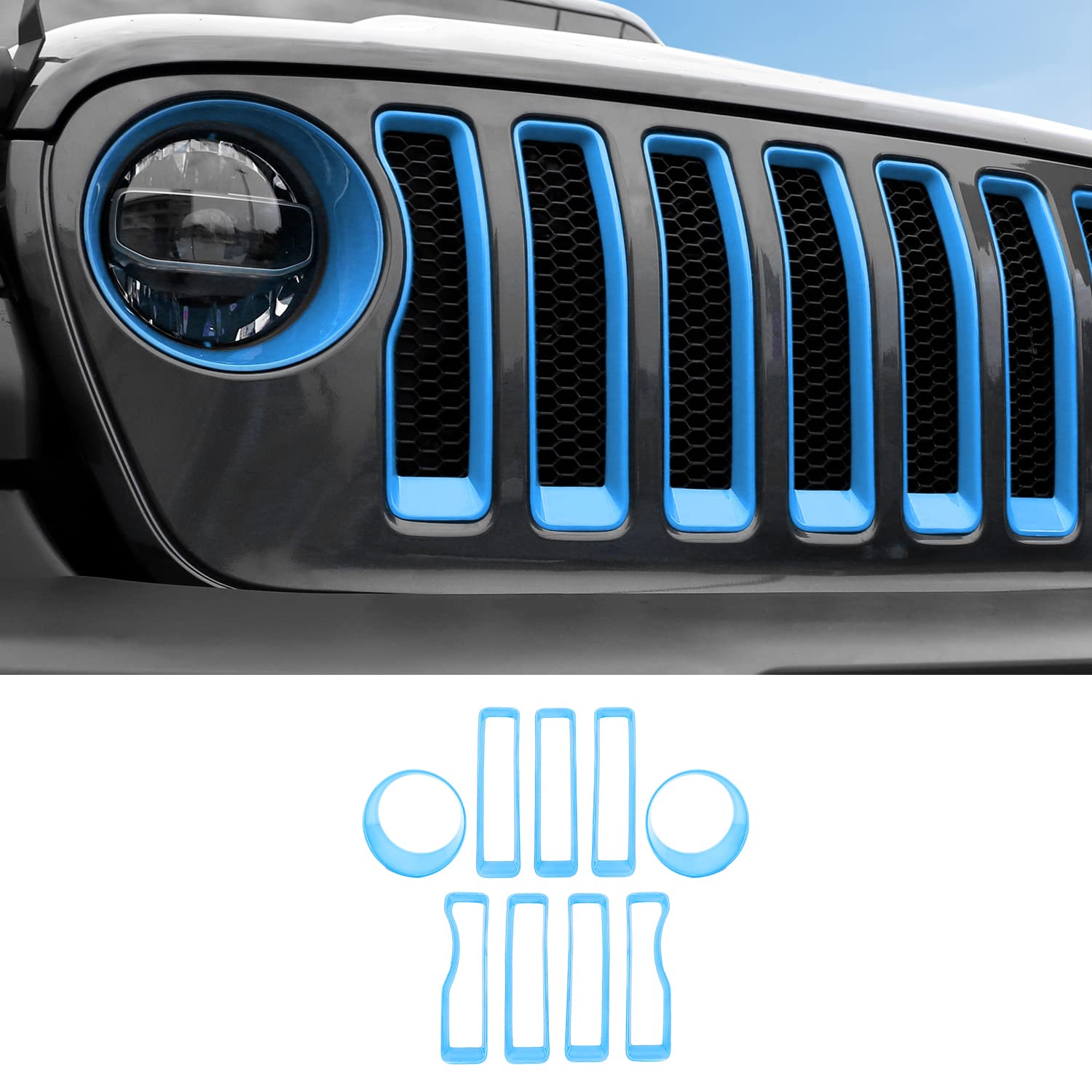 Photo 1 of Grille Inserts & Headlight Cover for 2018-2022 Jeep Wrangler JL Sport & Sport S ONLY (Sky Blue)