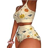 Raruxxin Women Halloween 2 Piece Pajamas Set Sexy Cute Print Sleeveless Cami Crop Top Elastic High Rise Boy Shorts Loungewear