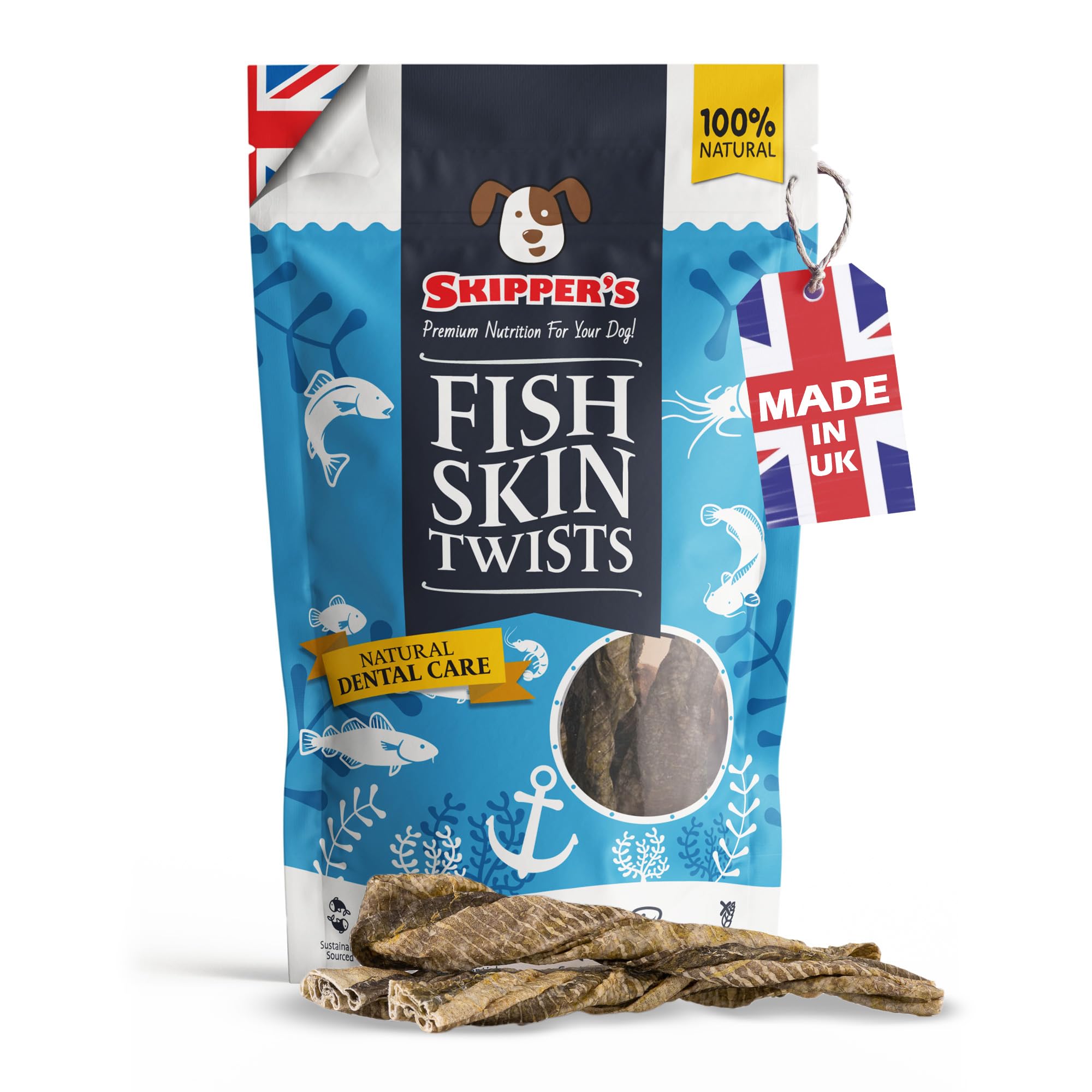 SKIPPER'S Fish Skin Twists Dog Chews for Teeth - Handmade & Gently Air- Dried - Healthy & Natural Dog Dental Sticks Long Lasting - Hypoallergenic & Grain Free (Regular, 1kg)