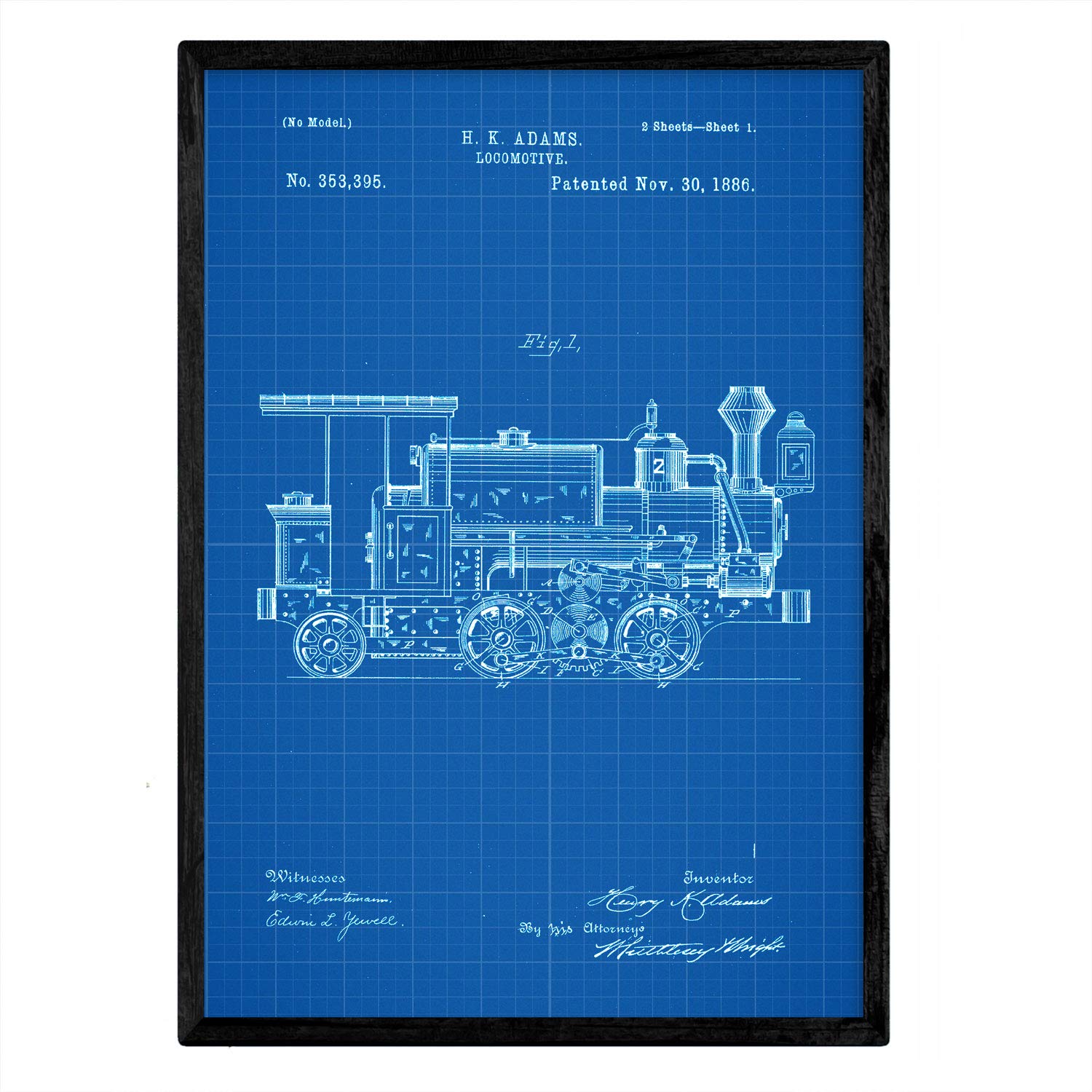 Nacnic Locomotive Poster patent 2. Print with design patent and old A3 in size with blue background