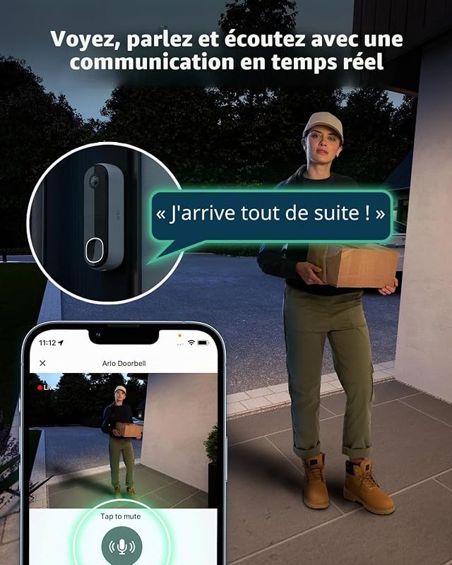 Sonnette vidéo HD avec coque noire, caméra de sécurité extérieure sans fil, batterie non amovible, détection de mouvement, audio bidirectionnel, vision nocturne, essai sécurisé inclus