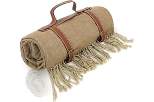 Powermach 59”x 79”Faux Wool Boho Tassels Plaid Solid,Waterproof,Moisture Resistant Padded Picnic Blankets,Camping,Park,Beach,Music Arts Festival Outdoor Blankets