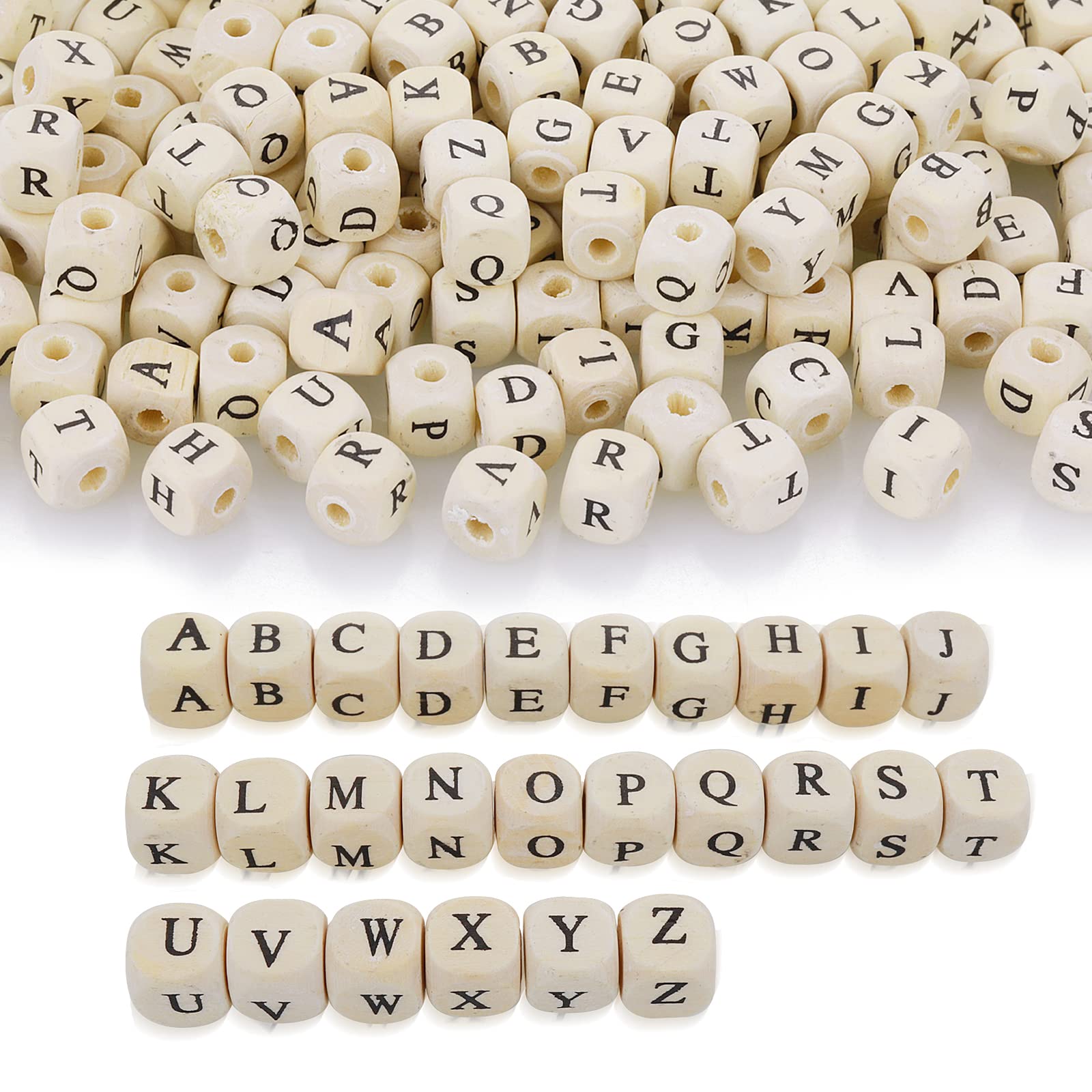 Abeillo 260 PCS Square Wood Letter Beads for Bracelets, 10x10mm A-Z Sorted, White Cube Wooden Alphabet Spacer Beads Bulk for Jewelry Making