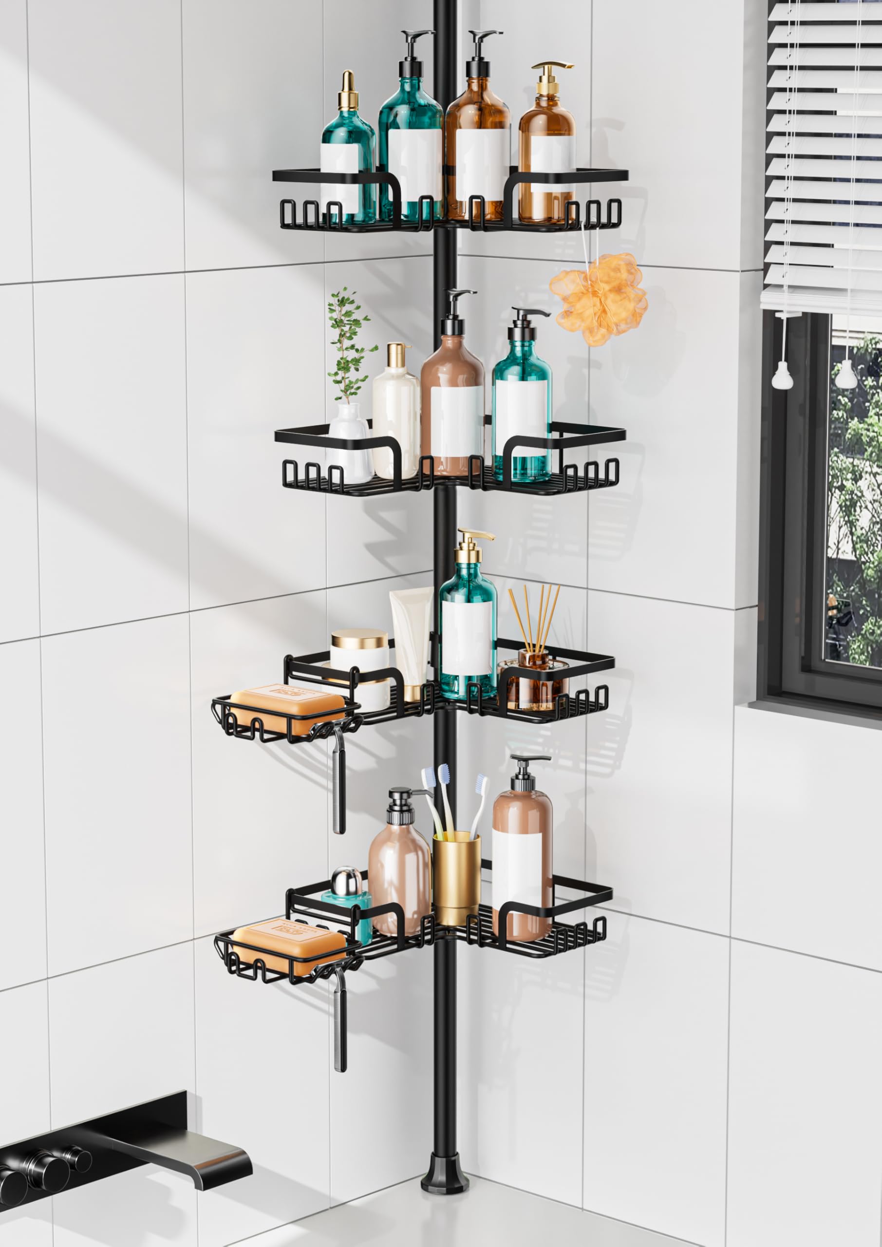 Photo 1 of KEGII 2-in-1 Soap Holders x 2 & 32 Hooks Shower Caddy Tension Pole, Stainless Steel Adjustable Corner Shower Organizer for Bathroom, 25–114.2 Inches, Black