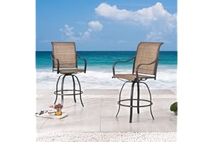 Festival Depot 2pcs Bar Height Stools Textilene Fabric High Back Swivel Chairs Patio Dining Chairs Metal Outdoor Furniture for Bistro Lawn (Brown)