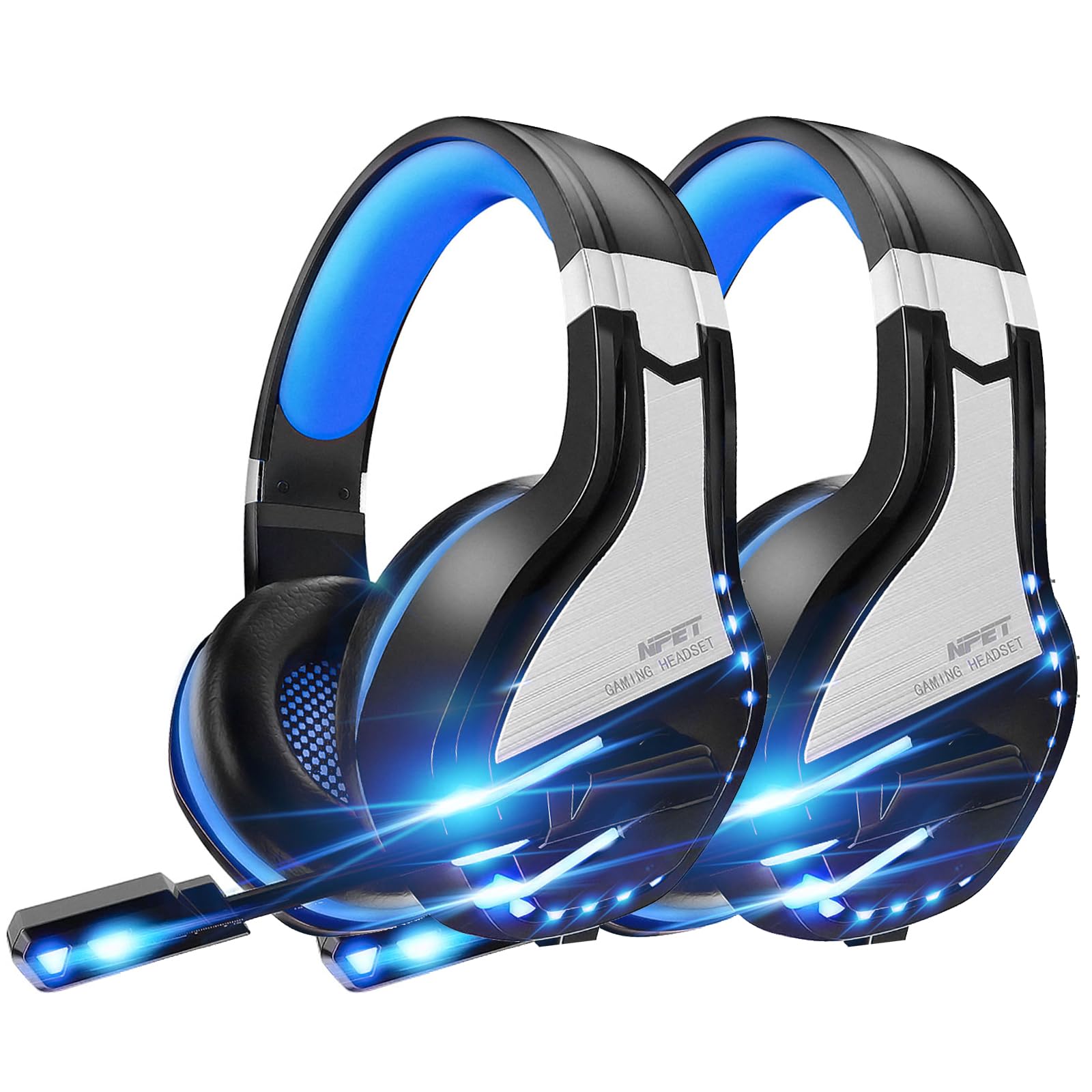 NPET 【2 Pack HS10 Stereo Gaming Headset for PS4 PC Xbox One PS5 Controller, Noise Cancelling Over Ear Headphones with Mic, LED Light, Bass Surround, Soft Memory Earmuffs Blue