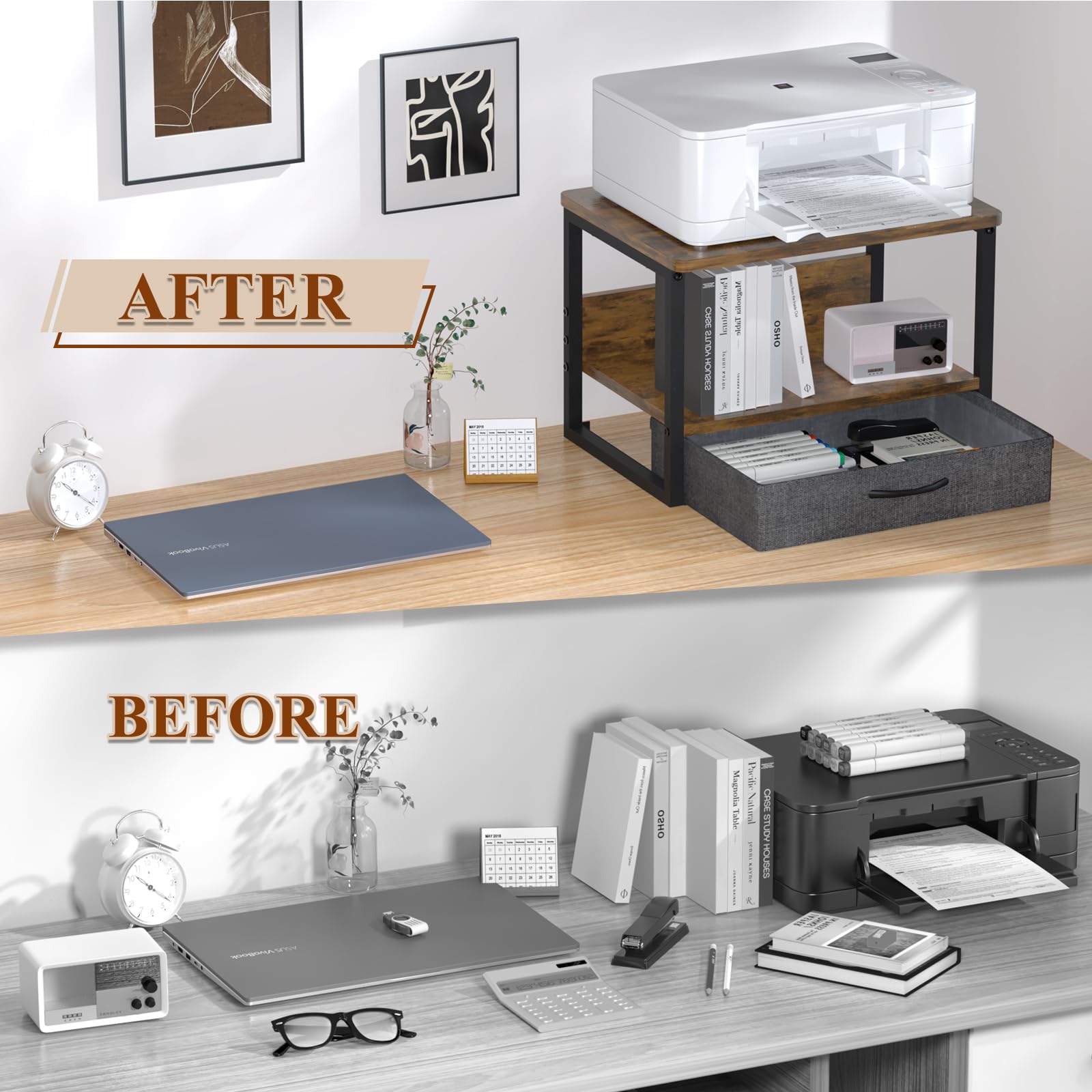 MARTY Printer Stand With Storage Drawer For Desk, 2-Tier Desktop ...