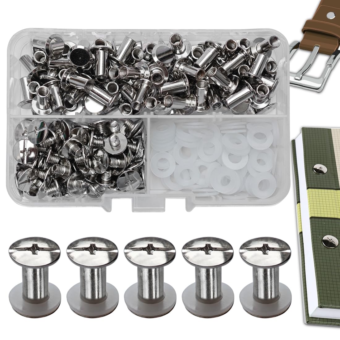 SHSMPXOY 80 Set Chicago Screws Posts for Leather Rivets M5*10mm Chicago Book Binding Screws Rivets Cross Head Chicago Button Screws for DIY Book Scrapbook Bookbinding, Bags,Collars(Silver)