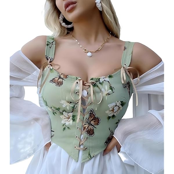 WDIRARA Women's Butterfly Floral Print Corset Lace Up Sleeveless