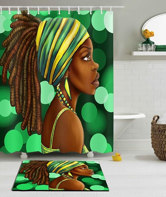 LB Afro Woman African American Lady Shower Curtain Bath Rug