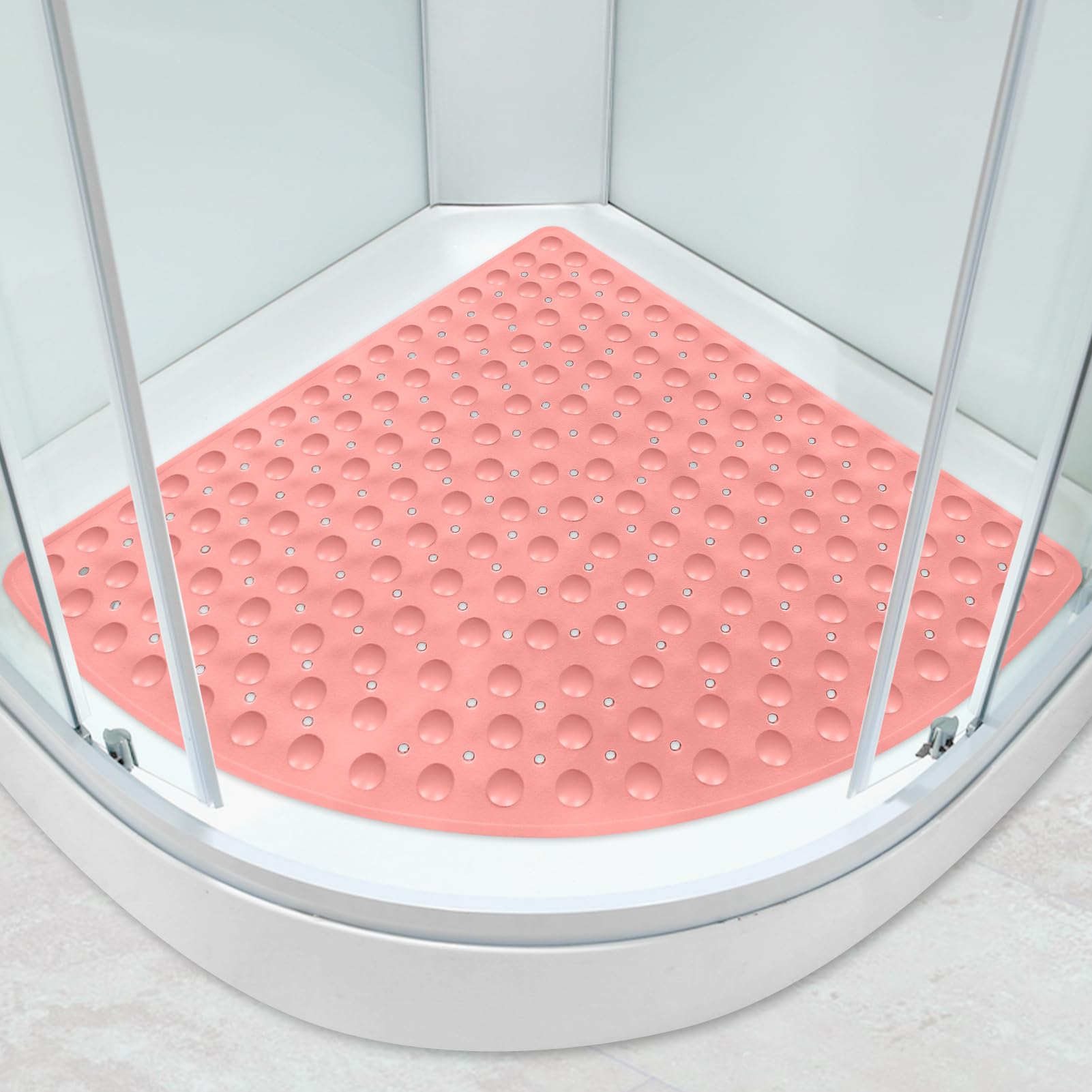 Large Corner Shower Mat Non Slip Anti Mould with Suction Cups 70x70cm Soft Texture Quadrant Bath Mat for Inside Walk-in Shower with Drain Sector Massage Floor Mat for Bathroom (Pink, 70x70cm)