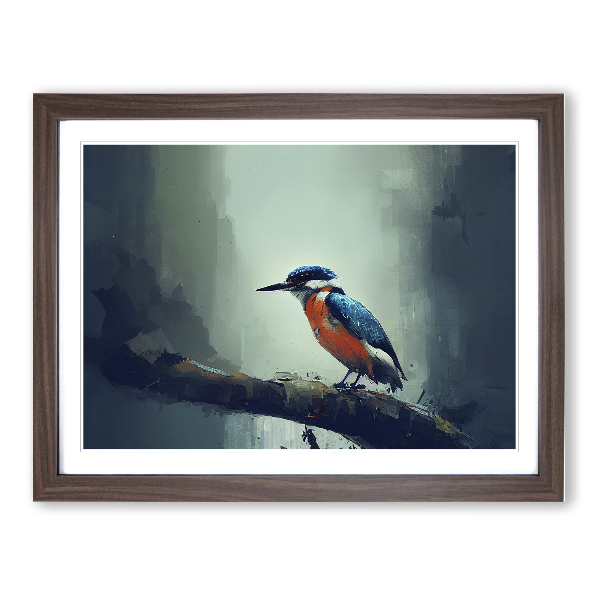 Kingfisher Bird Art Painting Vol.7 Framed Print | A4 Walnut Framed Wall Art | Ready to Hang | Modern Historical Picture | Living Room Bedroom Lounge Office