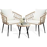 PORWEY 3 Piece Patio Bistro Set, Outdoor Wicker Apartment Balcony Furniture Sets, Rattan Table and Chairs Set of 2 for Porch Backyard Lawn Poolside Deck, Beige