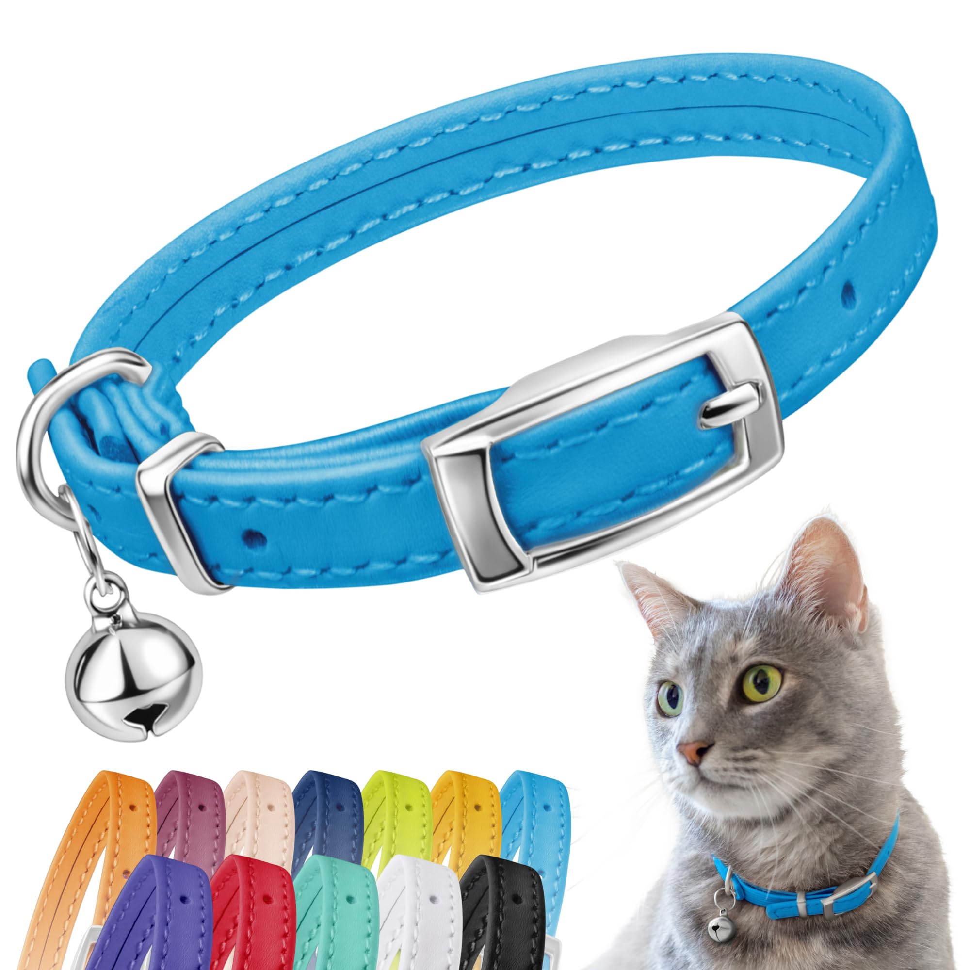 CollarDirect Leather Cat Collar, Cat Safety Collar with Elastic Strap, Kitten Collar for Cat with Bell Black Blue Red Orange Lime Green (Neck Fit 6"-7", Light Blue) — image 1