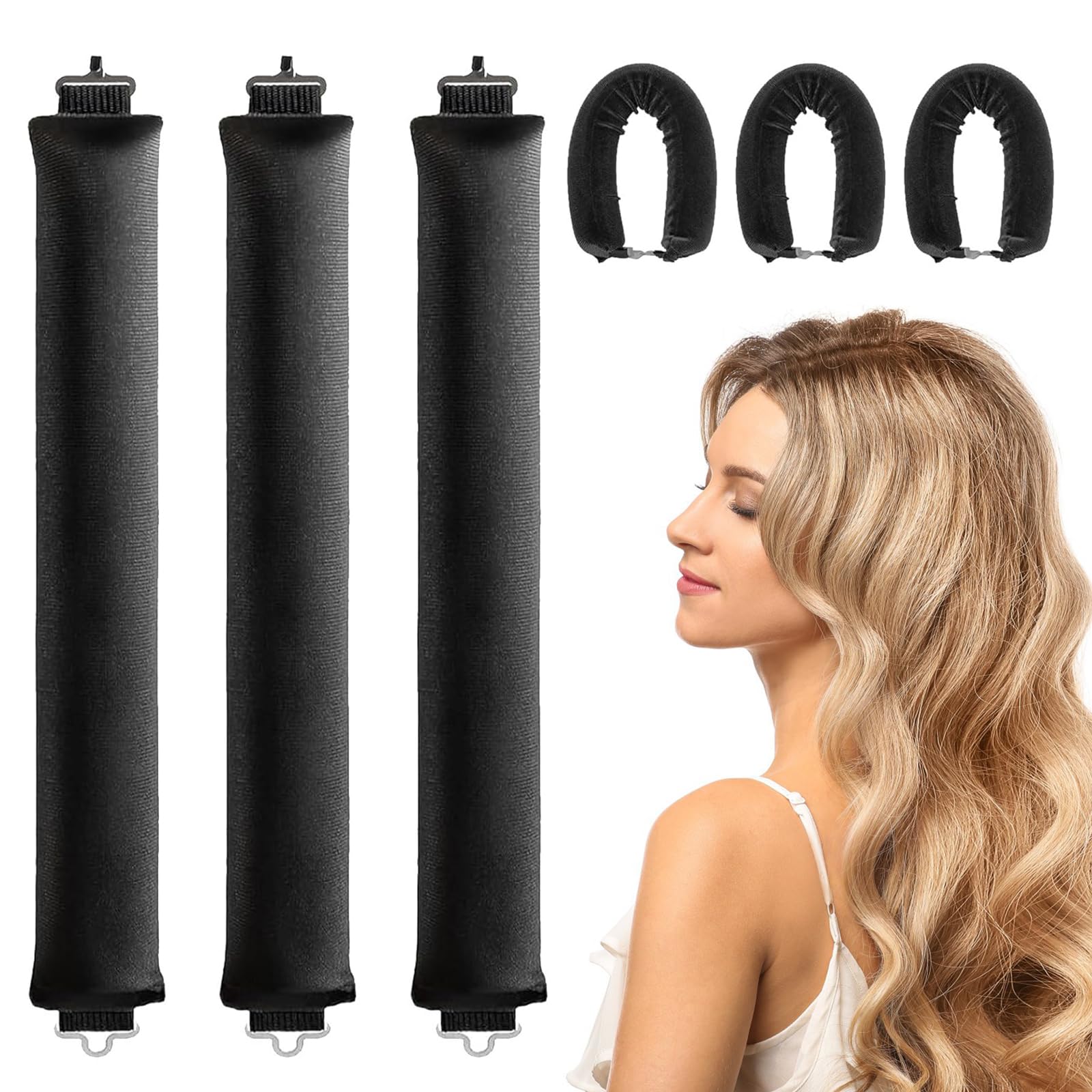 LINXINS 3pcs Heatless Curlers Jumbo Flexi Rods for Long Medium Hair Overnight - All Hair Types, Soft Velvet Thick With Hook (Black)