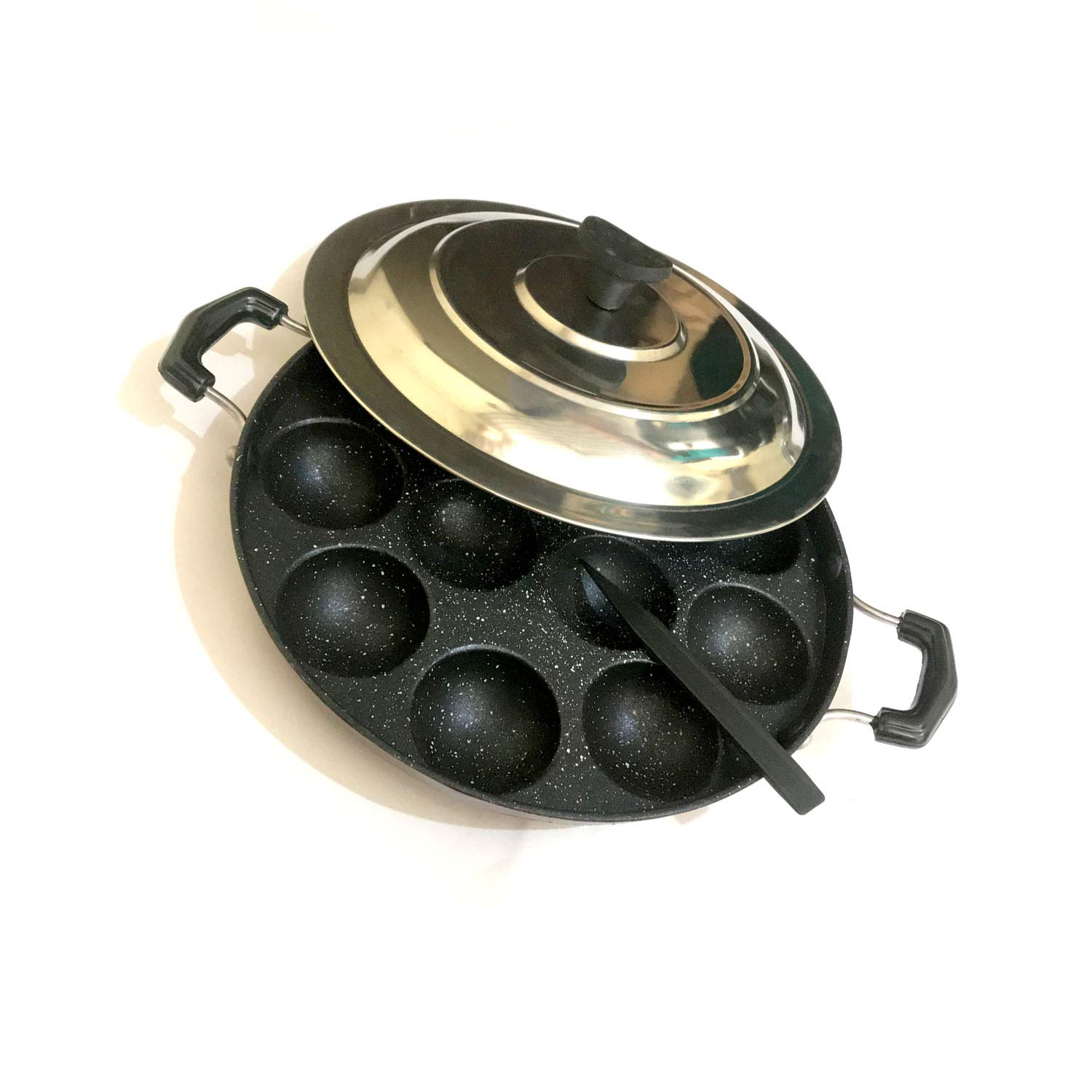 YADNESH 12 Pits Nonstick Appam Patra Side Handle with Lid Paniyarakkal Paniyaram Appam Pan Maker Pancake Maker Aebleskiver Maker with Stainless Steel Lid