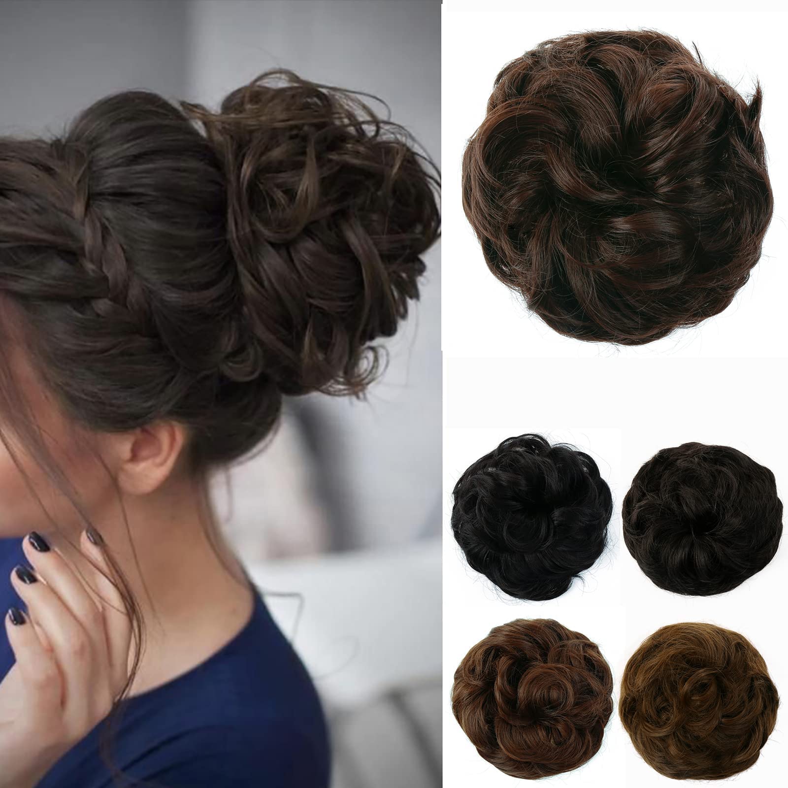 JJstar Messy Hair Bun Curly Wavy Hair Scrunchies Accessories Pieces for Women Girls Synthetic Chignons (Dark Brown) — image 1