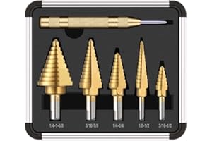 Step Drill Bit Set, 5 Pcs Titanium Coated High Speed Steel Step Drill Bits with 1 Pc Automatic Center Punch for Drilling Shee
