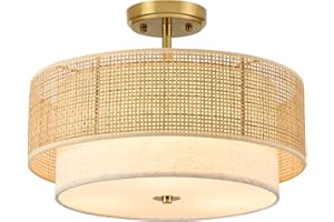 Minyuco Semi Flush Mount Ceiling Light, 16" Gold Light Fixtures Ceiling Mount, 3-Light Boho Rattan Linen Drum Light Fixture, 