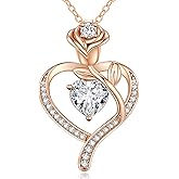 LOUISA SECRET Rose Flower Heart Birthstone Necklaces for Women, 925 Sterling Silver Fine Jewelry, Pendant Heart Necklaces Birthday Anniversary Christmas Gift for Women Wife Mom Girlfriend Lady