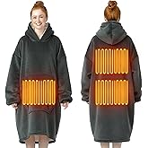 Dark Grey Wearable Heated Blanket Hoodie, Flannel & Sherpa USB Heated Hooded Blanket, Oversized Hoodie Sweatshirt with Pocket, 3 Heating Levels for Man Women Christmas Birthday Gifts, No Battery Bank