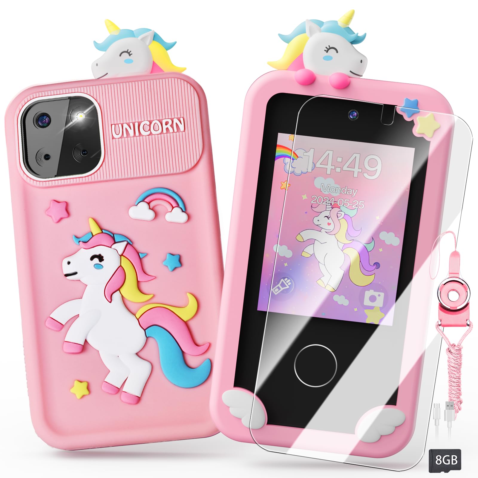 Photo 1 of Luyiilo Kids Smart Phone Toys for Girls,Unicorn Gift Toys for Girls Ages 3-9 Christmas Birthday Gifts Mini Smart Phone Toys With 2.8" Touchscreen 16 Learning Games Dual Camera Music Player, 8G SD Card