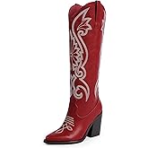 Modatope Knee High Cowboy Cowgirl Boots Embroidered Tall Western Boots for Women with Block Chunky Heel Pointed Toe and Slip on Design