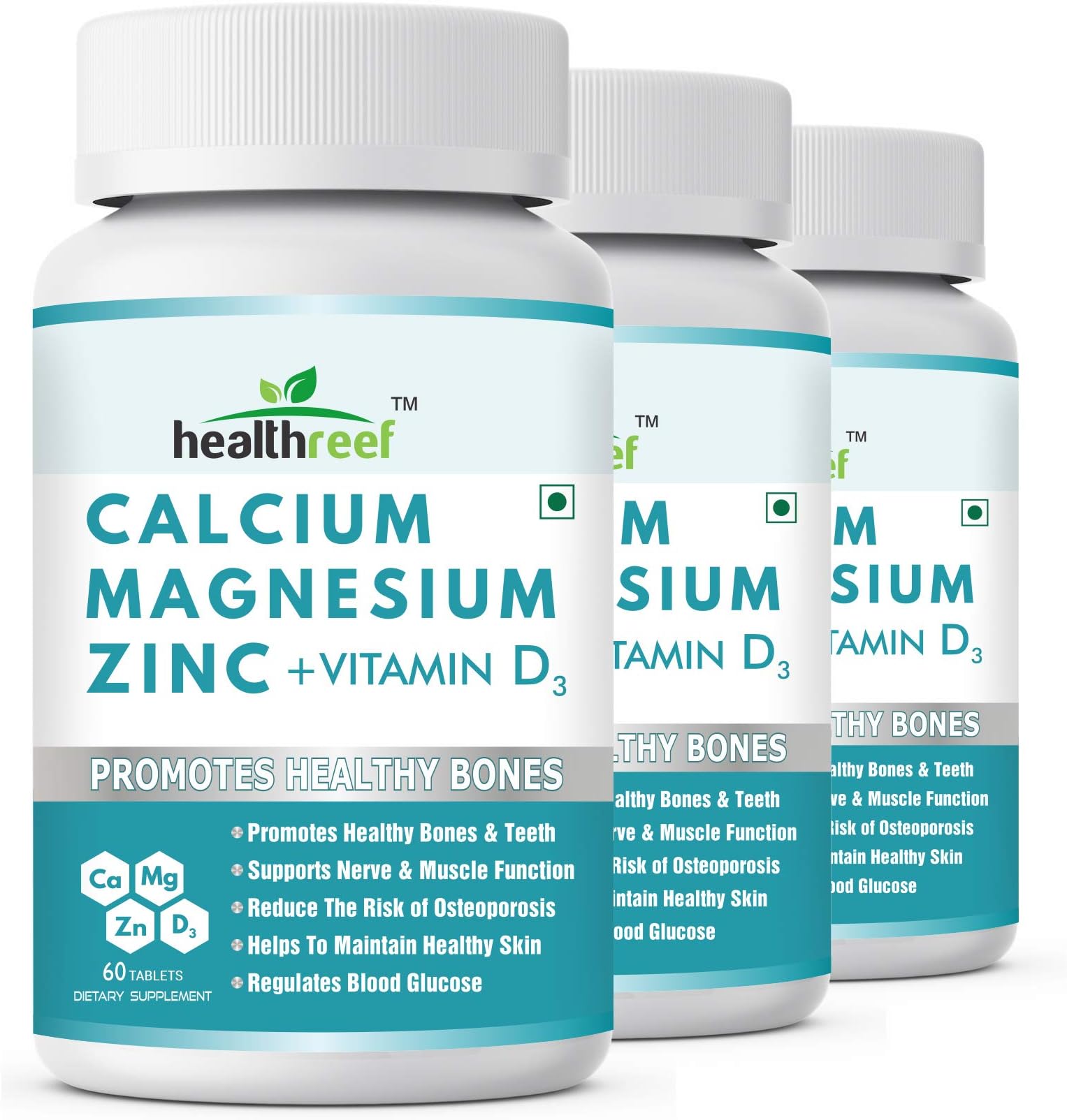 Healthreef Calcium, Magnesium, Zinc + Vitamin D3 Supplement - 60 Tablets (Pack Of 3)