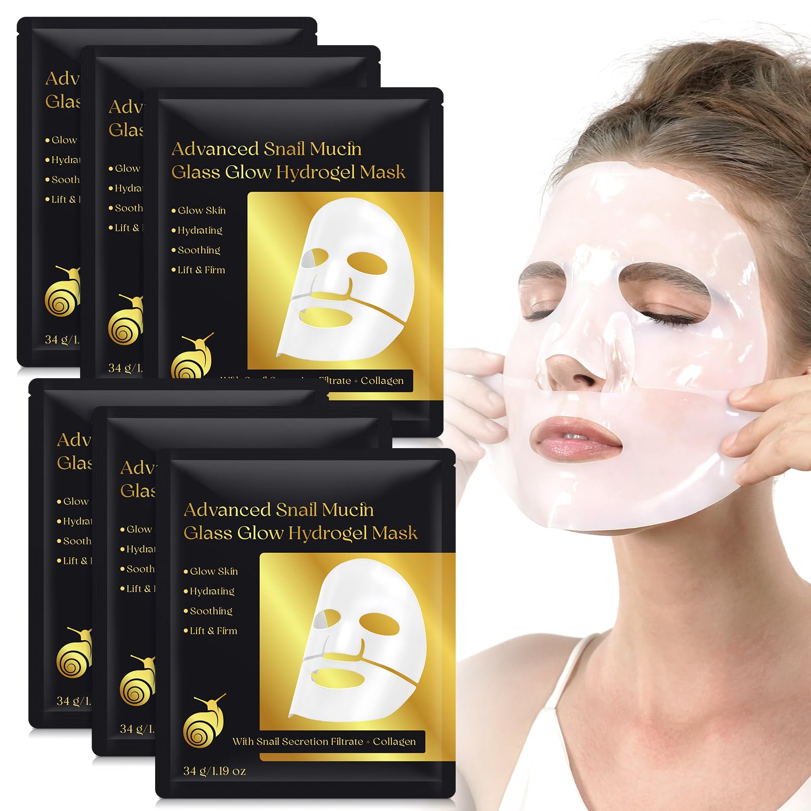 6 Pack Snail Mucin Serum Glass Glow Face Masks, Collagen Face Mask, Hydrating Overnight Hydrogel Mask for All Skin Types